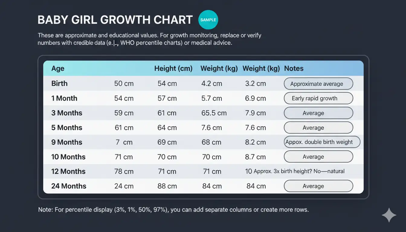 جدول قد و وزن نوزاد دختر